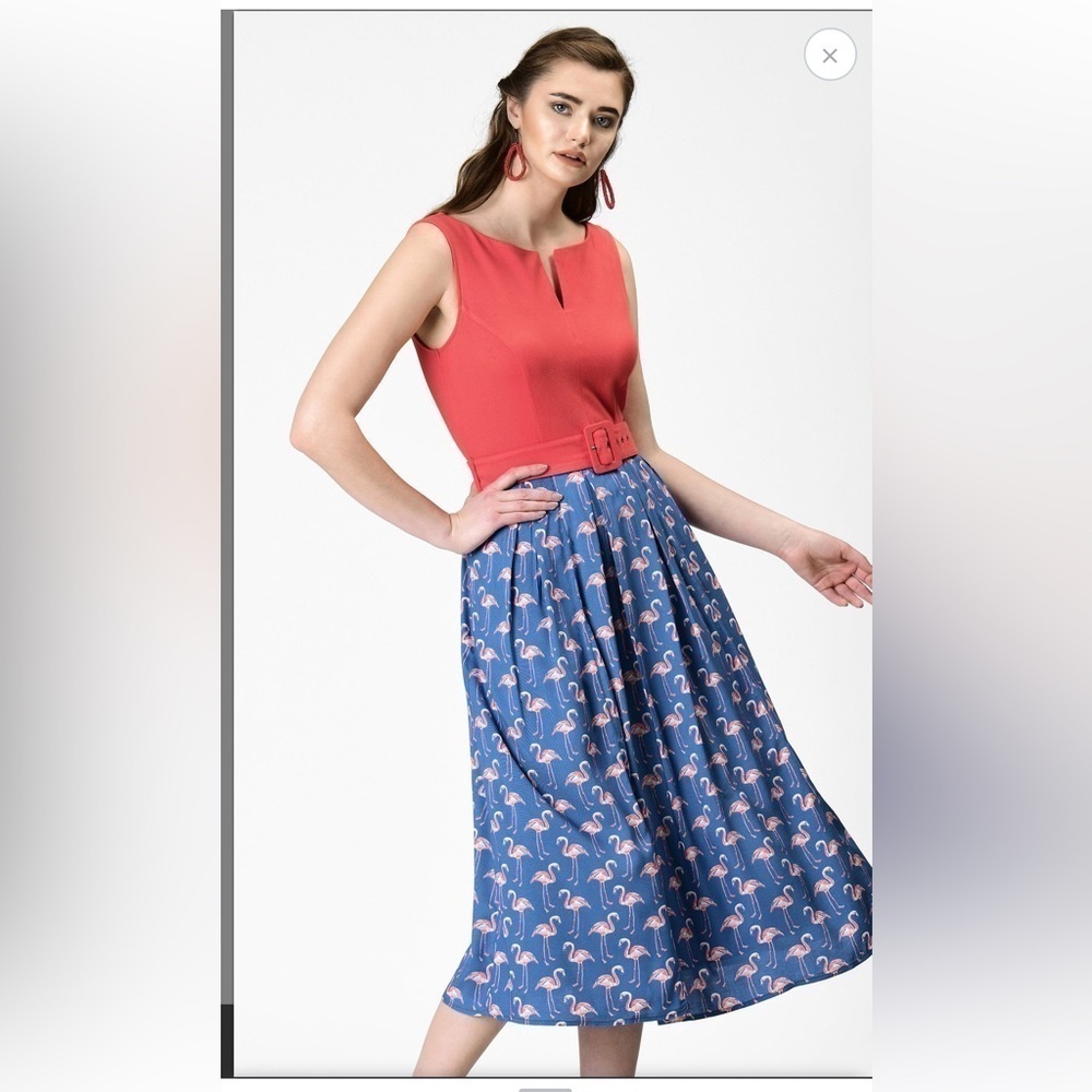 eShakti Flamingo Print Jersey Bodice Dress with Side Pockets Peach and Blue 14W